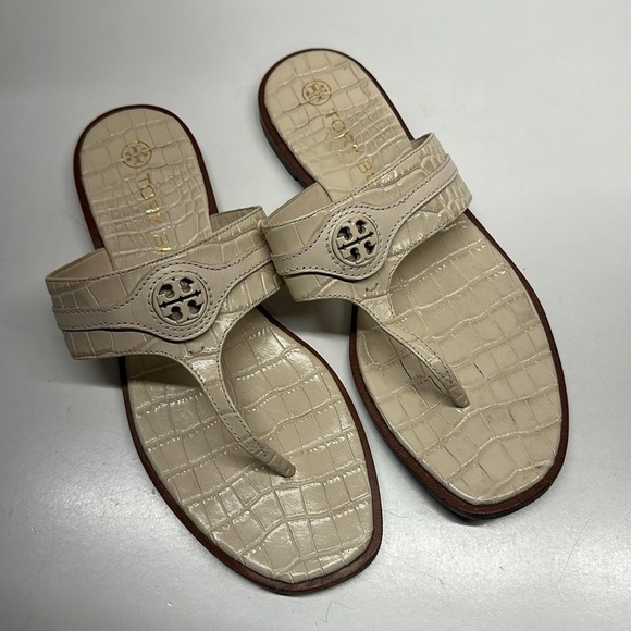Tory Burch Carson Sandals Leather Thong Flip Flop Shoes Crocodile Ivory Size 8.5
